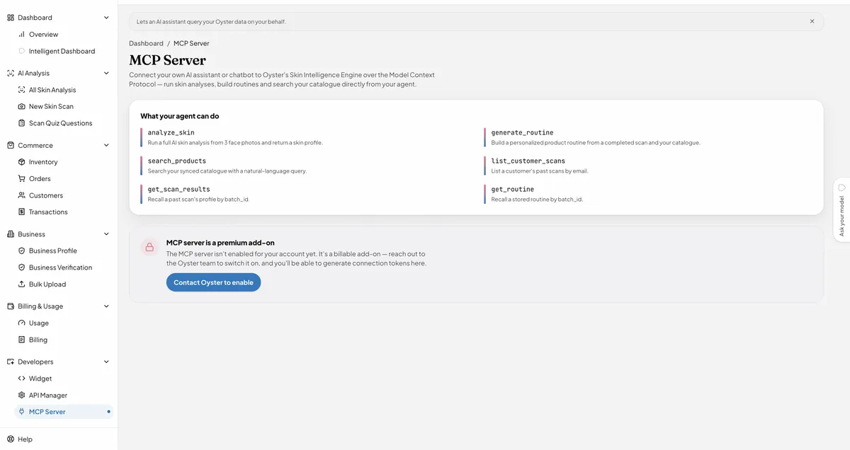 Oyster MCP Server settings showing available assistant connection tools